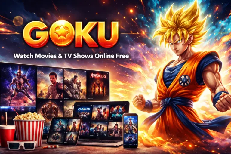 GOKU streaming platform banner featuring cinematic movie thumbnails on multiple devices with a glowing action-style character and bold title “Watch Movies & TV Shows Online Free”